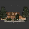 Detached Villa with Brown Roof Design and Fenced Yard Surrounded by Trees and Lawn