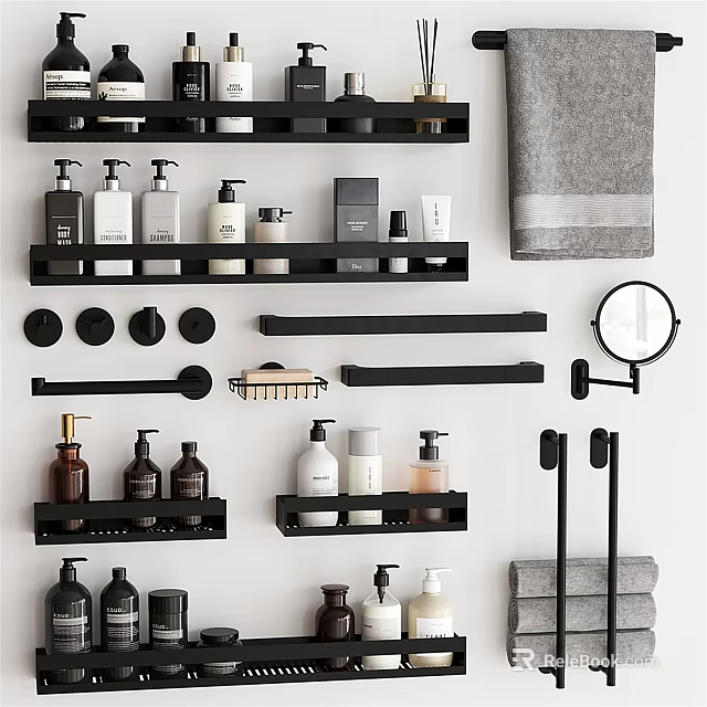 Elegant Modern Bathroom Accessories With Black Shelves Bottles Towels Hooks And Mirror 3d model 