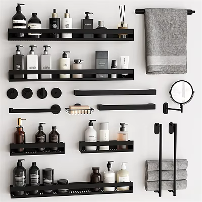 Elegant Modern Bathroom Accessories With Black Shelves Bottles Towels Hooks And Mirror 3d model