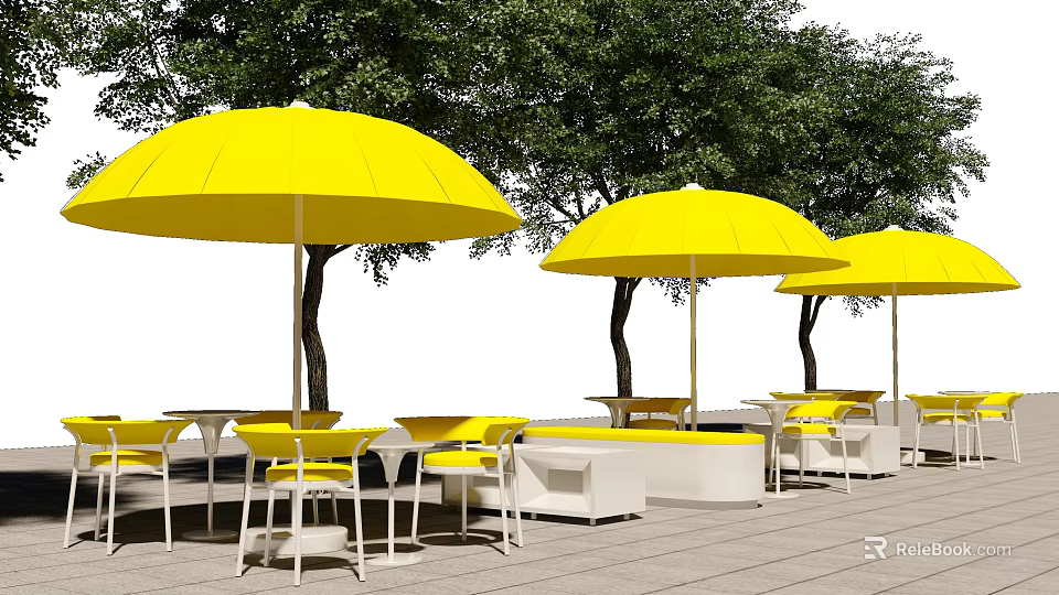 Outdoor Landscape Seating With Yellow Umbrellas Green Trees And White Tables In Leisure Area 3d model 
