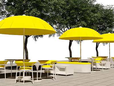 Outdoor Landscape Seating With Yellow Umbrellas Green Trees And White Tables In Leisure Area 3d model