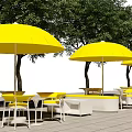 Outdoor Landscape Seating With Yellow Umbrellas Green Trees And White Tables In Leisure Area