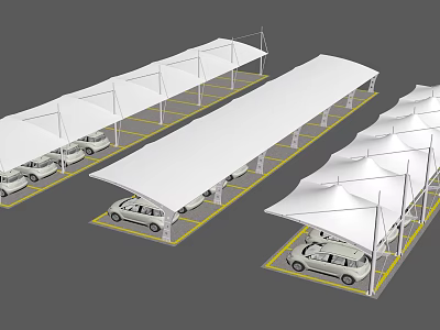 White Carport Canopies Covering Parking Lot Vehicles with Modern Sturdy Structure 3d model