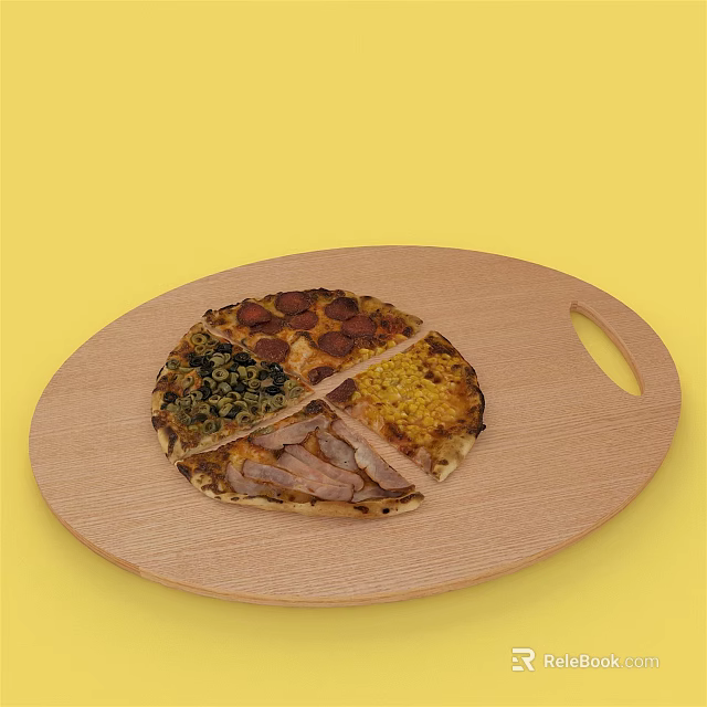 Delicious Assorted Pizza Slices on Wooden Board with Various Toppings and Yellow Background 3d model 