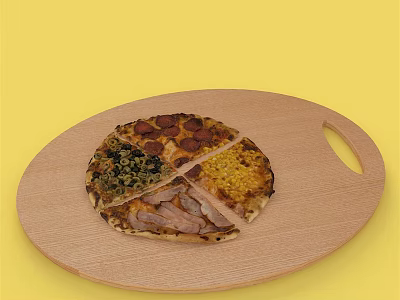 Delicious Assorted Pizza Slices on Wooden Board with Various Toppings and Yellow Background 3d model