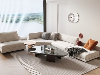 Modern Gray L shaped Sofa and Black Marble Coffee Table Set with Cushions on Decorative Rug 3d model