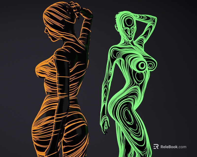 Abstract Art Installation With Curved Line Female Figures In Orange Green Neon Colors 3d model 