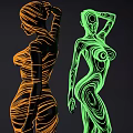 Abstract Art Installation With Curved Line Female Figures In Orange Green Neon Colors