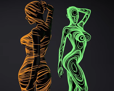 Abstract Art Installation With Curved Line Female Figures In Orange Green Neon Colors 3d model