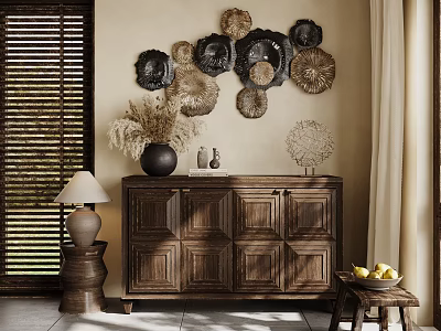 Wooden Entryway Console Sideboard Cabinet With Decorative Plates Vase And Dried Flowers 3d model
