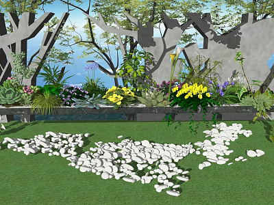Succulent Plants In Outdoor Garden With Green Lawn White Stones And Colorful Flowers 3d model