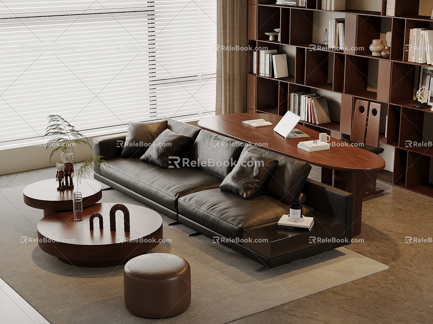 Quiet Chinese and Ancient Style Home Living Room Leather Sofa Coffee Table Combination Three-Seat Sofa Computer Desk and Chair Solid Wood Bookcase 3d model