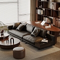 Quiet Chinese and Ancient Style Home Living Room Leather Sofa Coffee Table Combination Three-Seat Sofa Computer Desk and Chair Solid Wood Bookcase 3d model