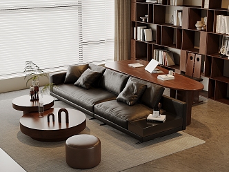 Quiet Chinese and Ancient Style Home Living Room Leather Sofa Coffee Table Combination Three-Seat Sofa Computer Desk and Chair Solid Wood Bookcase 3d model