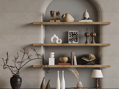 Stylish Wooden Wall Shelves With Decorative Sculptures Vases Books And Artworks 3d model