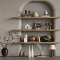 Stylish Wooden Wall Shelves With Decorative Sculptures Vases Books And Artworks
