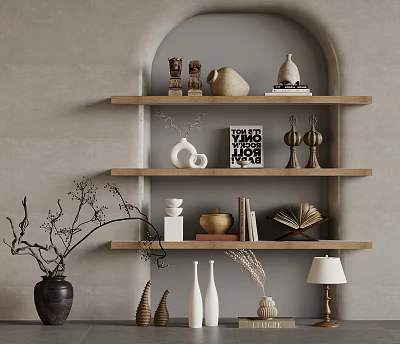 Stylish Wooden Wall Shelves With Decorative Sculptures Vases Books And Artworks 3d model