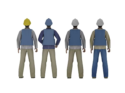 Game and Movie Characters Back View with Safety Helmets Blue Vests Khaki and Blue Pants 3d model