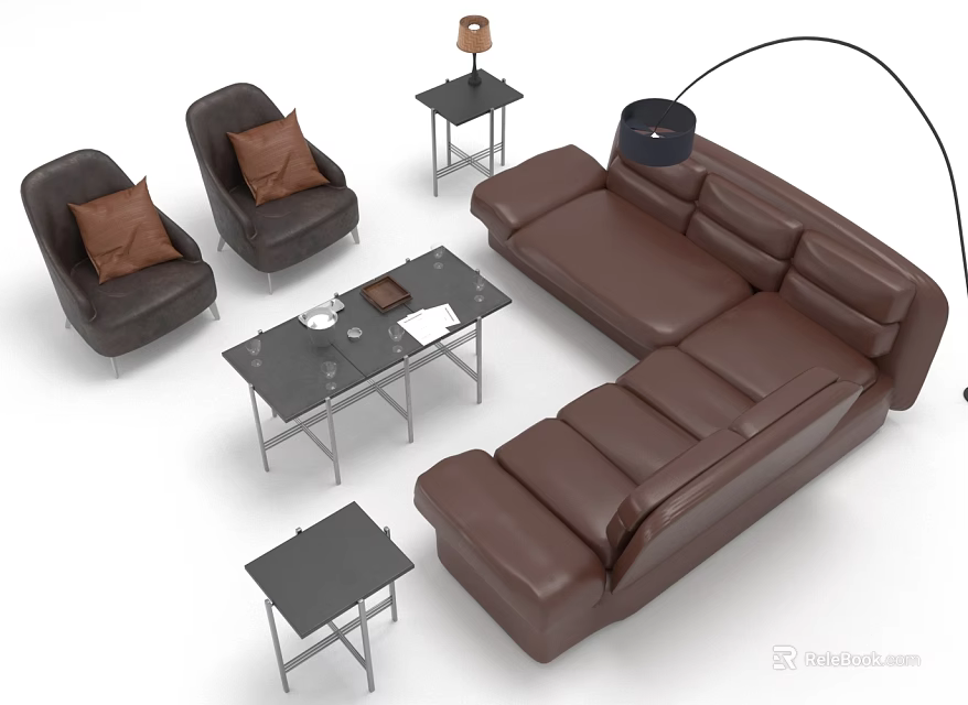 Modern Brown Leather Sofa Coffee Table Set With Side Tables And Floor Lamp 3d model 