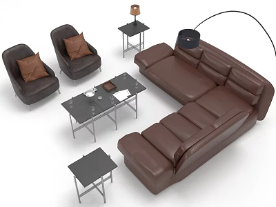 Modern Brown Leather Sofa Coffee Table Set With Side Tables And Floor Lamp 3d model