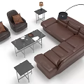 Modern Brown Leather Sofa Coffee Table Set With Side Tables And Floor Lamp