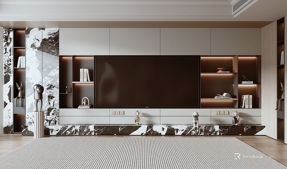 Modern Elegant TV Wall Design With Marble Panel LED Lighting And Floating Shelves 3d model 