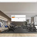 Modern Spacious Fitness Gym With Workout Equipment Treadmills Exercise Bikes Blue Walls And Wooden Flooring