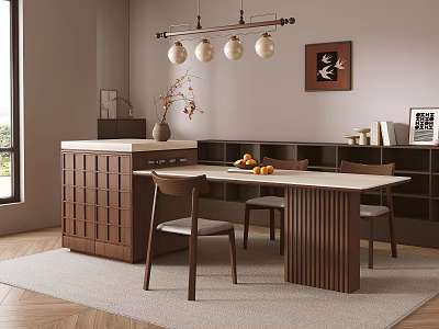 Modern Dining Table Set With Wooden Chairs Pendant Lights Side Cabinet And Fresh Fruits 3d model