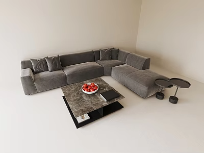 Gray L Shaped Sofa And Coffee Table Set With Red Fruits Book And Side Table 3d model