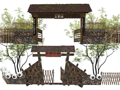 Traditional Building Exterior Wall With Stone Surface Wooden Railings Thatched Roof and Trees Bamboo 3d model