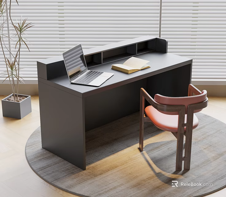 Modern Work Desk With Laptop Open Book Chair And Plant Near Window Blinds 3d model 