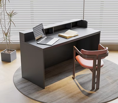 Modern Work Desk With Laptop Open Book Chair And Plant Near Window Blinds 3d model
