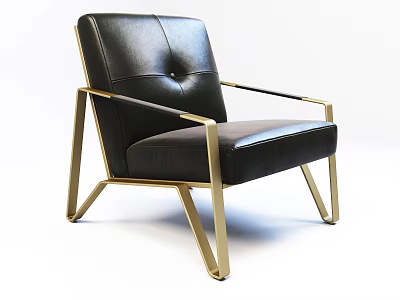 Modern Black Leather Single Sofa With Tufted Back And Gold Metal Frame 3d model