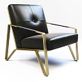 Modern Black Leather Single Sofa With Tufted Back And Gold Metal Frame