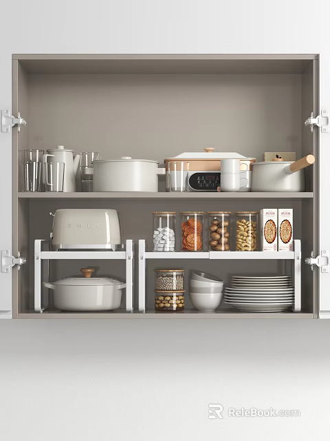 Organized Kitchen Cabinet Storage Shelves With Cookware Jars And Dishes 3d model
