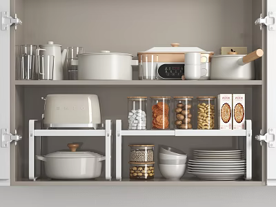 Organized Kitchen Cabinet Storage Shelves With Cookware Jars And Dishes 3d model
