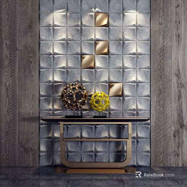 Modern Console Table With Textured Wall Geometric Patterns And Gold Decorative Items 3d model