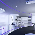 Futuristic Interior Space With White Curved Structures And Blue Lighting Accents