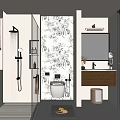Modern Bathroom Interior With Glass Shower Floral Wall Vanity And Geometric Floor