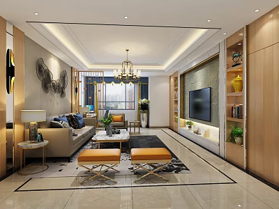 Modern Living Room Interior With Chandelier Sofa Coffee Table And TV Wall 3d model