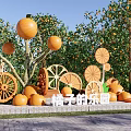 Orchard Themed Scenic Wall With Orange Ornaments Wooden Wheels And Lush Trees