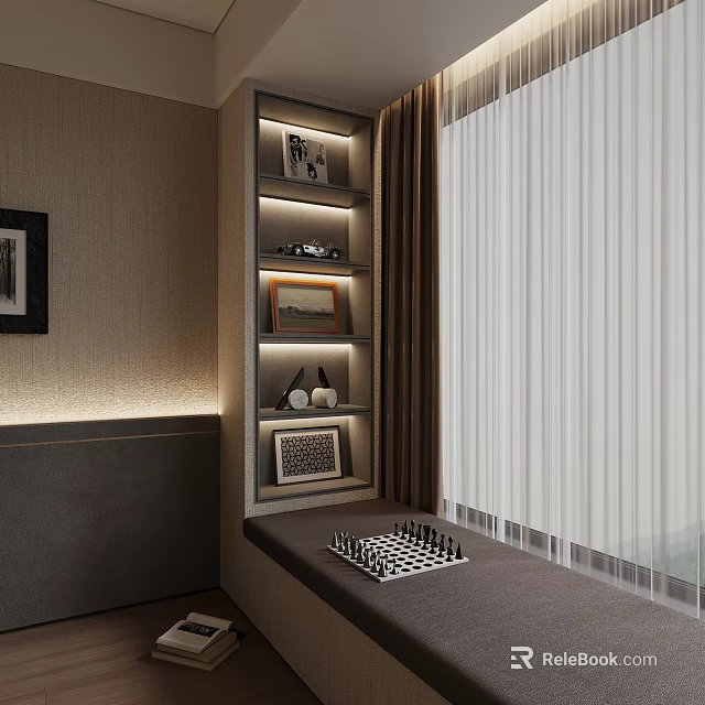 Cozy Room Corner With Shelf Decorations Framed Pictures Chessboard On Bench And Curtains 3d model 