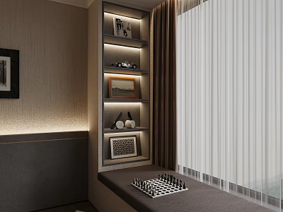Cozy Room Corner With Shelf Decorations Framed Pictures Chessboard On Bench And Curtains 3d model