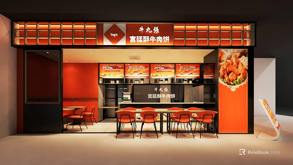 Red Themed Fast Food Eatery Storefront With Royal Beef Pancake Signboard And Seating Area 3d model 
