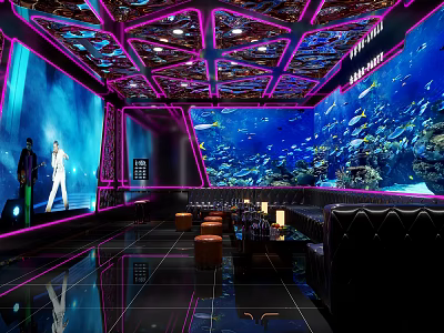 Modern KTV Interior Design With Ocean Theme Neon Lights Large Screen And Comfortable Sofas 3d model