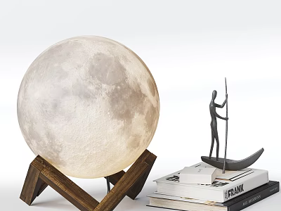 Moon Shaped Table Lamp on Wooden Stand with Books and Statue 3d model