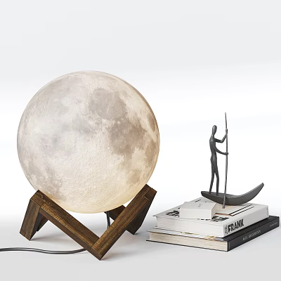 Moon Shaped Table Lamp on Wooden Stand with Books and Statue 3d model
