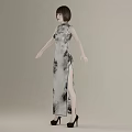 Woman Wearing Traditional Qipao With Ink Painting Pattern And Side Slit Design