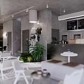 Modern Shop Front Desk With Coffee Machine Bar Counter White Chairs Green Plants And Round Light