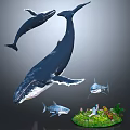 Large Whales And Sharks Swimming In Water With Small Figure And Plants
